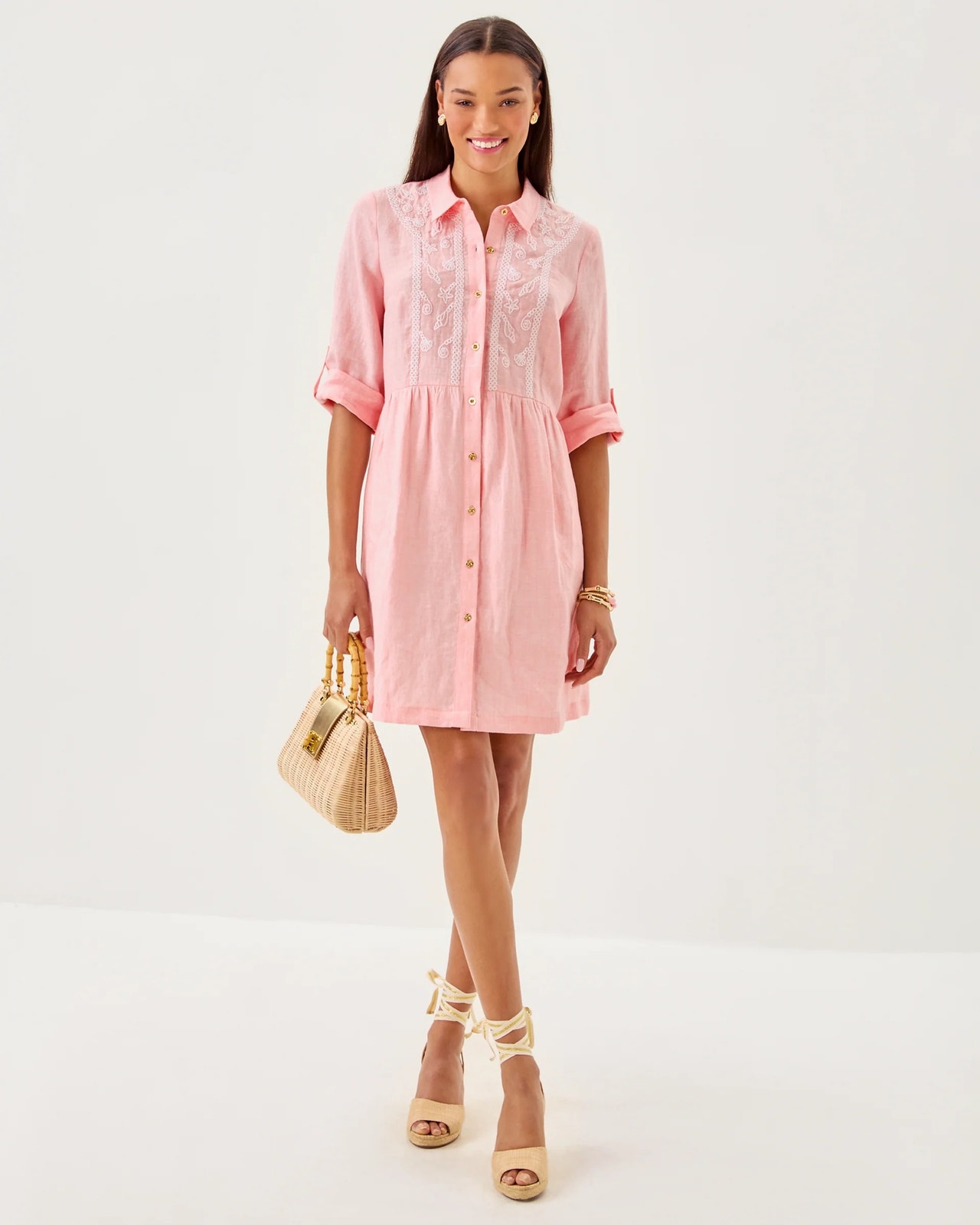 Lilly Pulitzer Shaela Embroidered Lagoon Linen Shirtdress Pink Resort | Medium